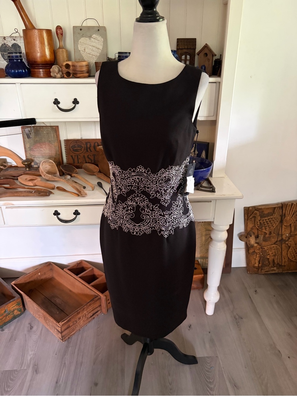 Karl Lagerfeld Sleeveless Black Dress with Ivory Lace Waist Detail